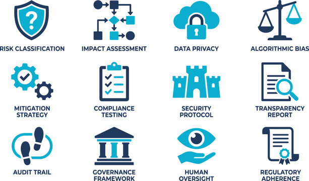 Set of flat blue vector icons representing data privacy, risk management, regulatory compliance, and corporate governance frameworks