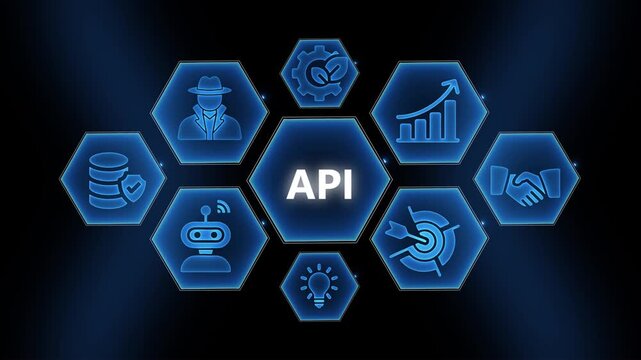 Api integration concept: digital hexagon network with business and technology