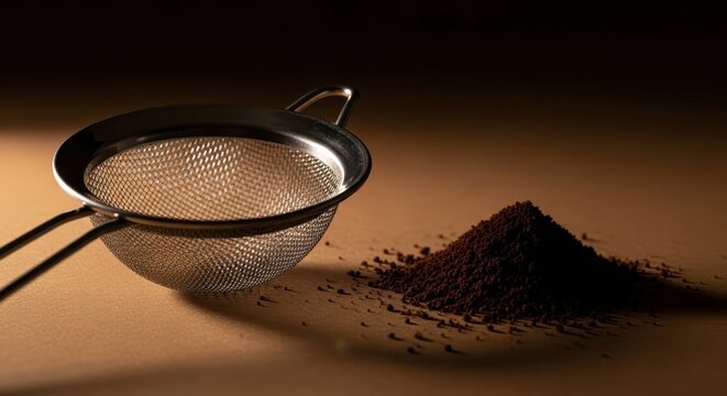 Coffee powder in metal strainer and pile.