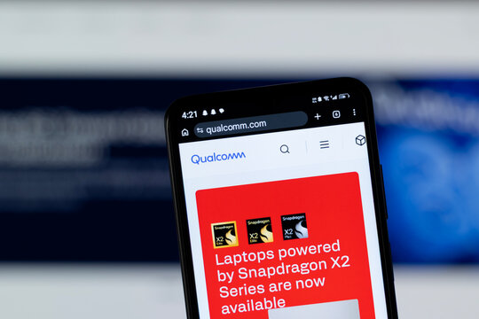 Dhaka, Bangladesh - 05 May 2026: Close-up of Qualcomm's homepage on a smartphone.