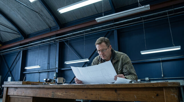Aerospace Engineer Reviewing Blueprint Plans at Office Desk