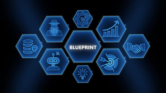 Digital blueprint business strategy infographic with glowing hexagonal