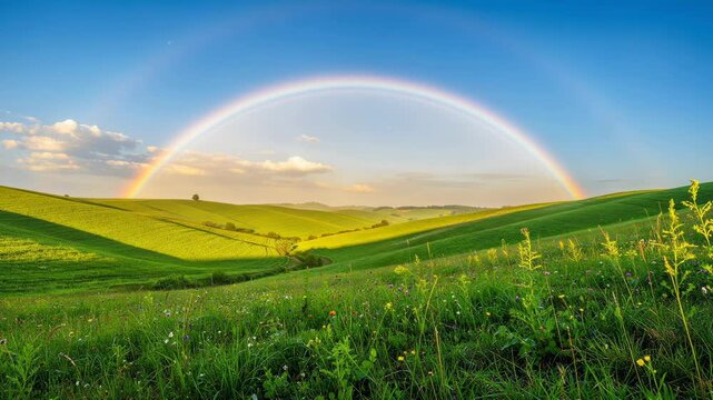 Vibrant rainbow arches over rolling green hills with colorful wildflowers in beautiful landscape scene