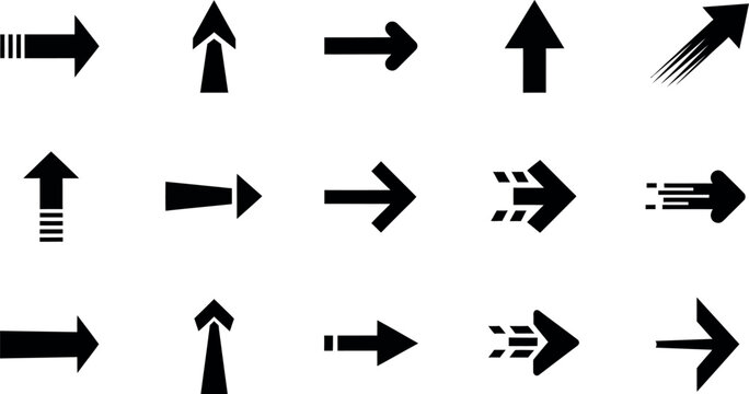 Set of simple black outline directional arrows and flow chart icons on white background in vector illustration format.