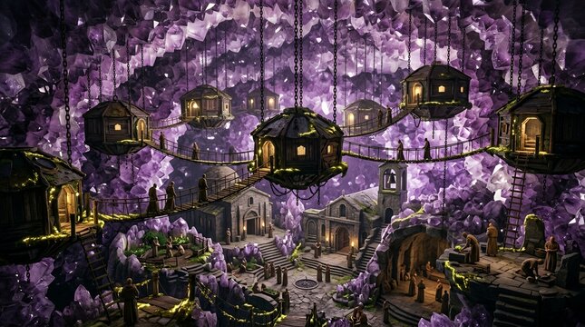 Fantasy village built within a giant purple amethyst geode.