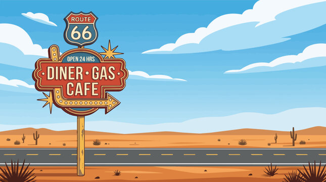 Route 66 Vintage Neon Sign for Diner Gas Cafe in Desert Landscape