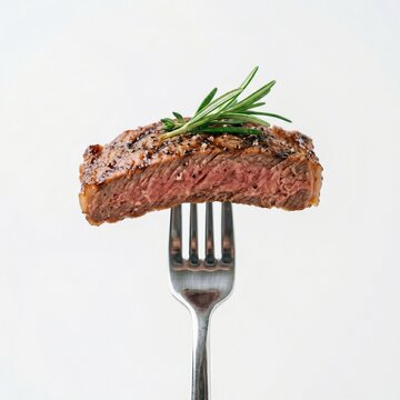 A perfectly cooked medium-rare beef steak slice held on a silver fork, garnished with a fresh sprig of green rosemary against a plain white background.