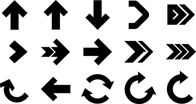 Black and white line art vector icons depicting various directional arrows and movement flow symbols on a clean background.