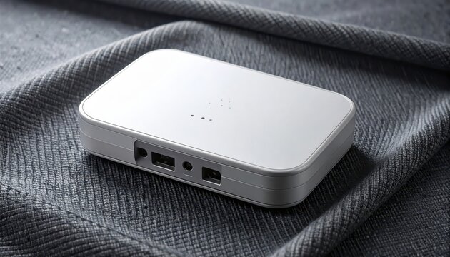 Small white electronic device on fabric.