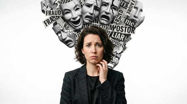 A studio shot captures a woman overwhelmed by imposter syndrome, depicted with masks and words like 'failure' and 'fraud' bursting around her, symbolizing profound internal conflict and mental stress