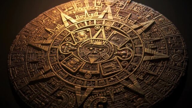 Ancient Aztec calendar stone close up glowing under warm light detailed cultural artifact