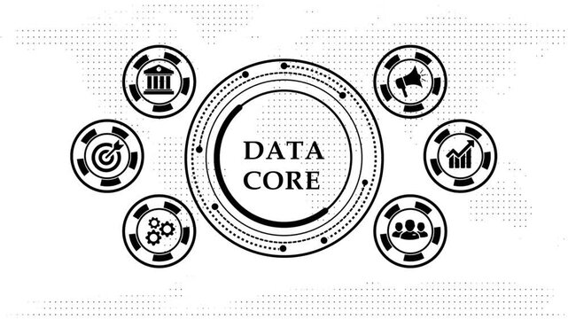 Dynamic infographic data core concept with business icons and motion elements.