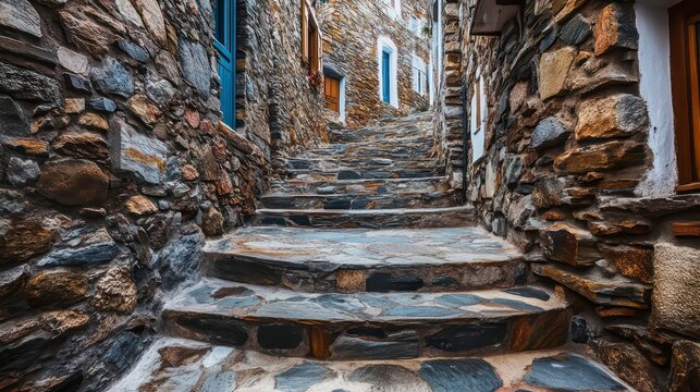 Greece, Tzia Kea island. Ioulis city narrow street with stairs and traditional stone walls