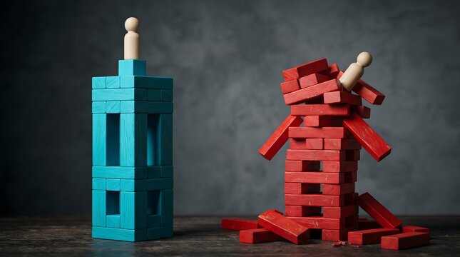 Business risk concept. Stable blue tower versus collapsed red blocks.