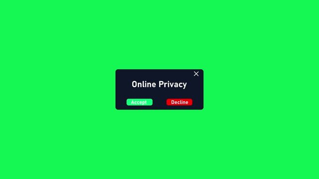 Online privacy consent pop-up window with accept and decline buttons on green screen data protection
