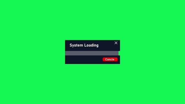 System loading progress bar animation with cancel button on green screen background, loading screen chroma key