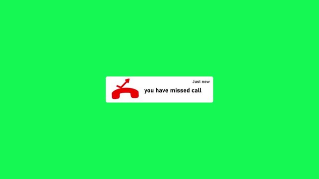 Missed call notification pop-up alert on green screen, smartphone ui interface for mobile app