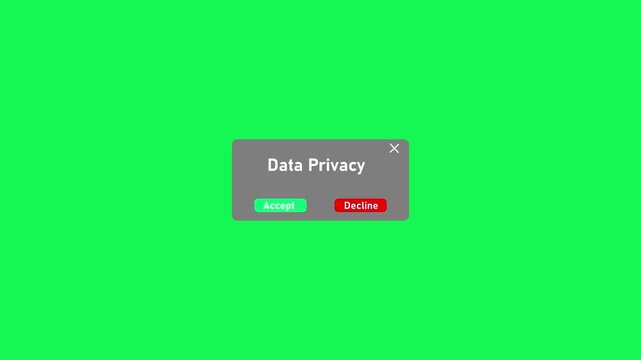 Data privacy consent pop-up window with accept and decline buttons on green screen background, gdpr cookie policy