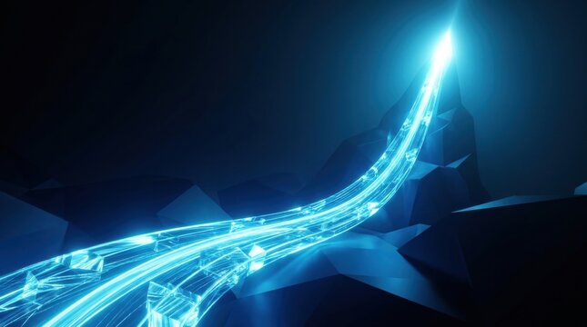 Digital Flow of Energy: A luminous blue energy stream flows upward, representing data transfer, technological advancement, or progress in a dark, abstract setting, illuminated by its own light.