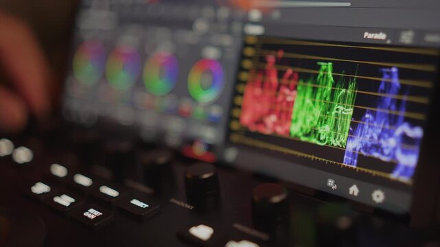 Arc shot panning from front view of RGB parade screen to side view of grading control console setup