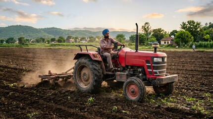 Fototapeta premium Indian Farmer Driving Red Tractor in Rural Agricultural Field