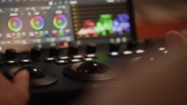 Over the shoulder side view of colorist adjusting knobs on hardware panel with out of focus color grading screen