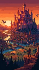 Naklejka premium Epic Twilight Kingdom with Towering Castle and Lone Adventurer Vertical Pixel Art