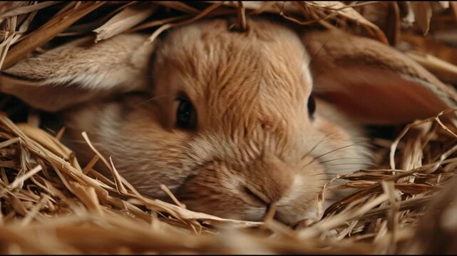Cute brown rabbit resting peacefully in a cozy nest of golden straw and hay