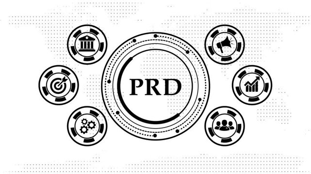 Prd concept with animated icons on abstract white background.