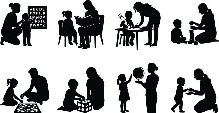 Early childhood education and parenting silhouette icons set with parents teaching kids and playing