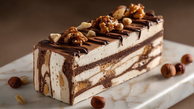 Rectangular layered frozen chocolate and cream cake topped with hazelnuts and dark chocolate drizzle