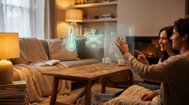 Smart Home Control: A couple interacts with a holographic interface, controlling home climate settings with a touch, demonstrating the ease of smart home technology.