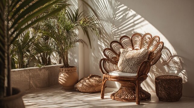 Bohemian rattan chair in a sunlit interior