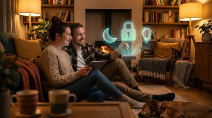 Fototapeta premium Smart Home Comfort: A couple relaxes in their cozy living room, using a tablet to control smart home devices, illustrating convenience and modern living with icons for lock, moon, and lightbulb.