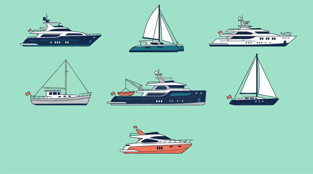 Collection of Seven Modern Yacht and Sailboat Icons in Flat Design Style, Arranged in a Grid on Pastel Background, Vector Illustration.