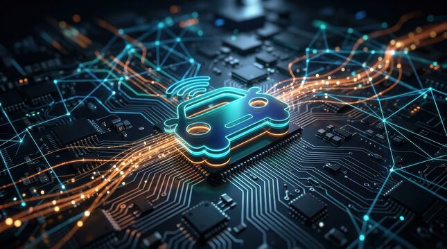 Digital Car Network: A stylized car icon glows on a circuit board, representing the future of autonomous vehicle technology and connectivity.