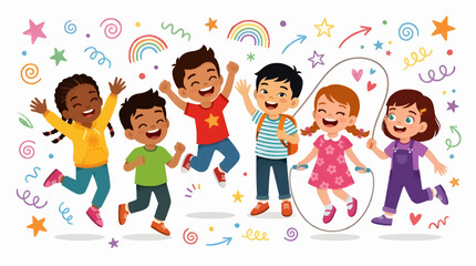Fototapeta premium Diverse group of happy cartoon children jumping and playing with jump rope, surrounded by colorful stars, rainbows, and swirls, capturing fun childhood activity and energetic play.