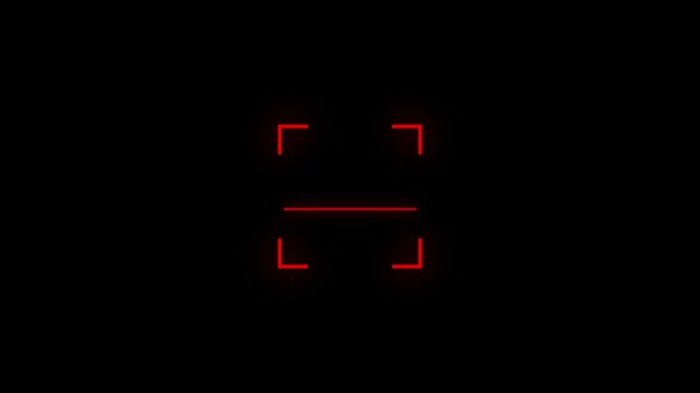 Neon red camera viewfinder, glowing lines, black background, photography symbol