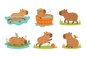 Fototapeta premium Cute capybara swimming and taking a bath vector illustration set. Adorable capybara character playing ball, walking on grass, and relaxing in wooden tub clip art