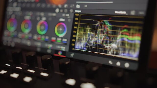 Cinematic arc shot panning from front view of video scopes screen to side of grading control panel in a dimly lit studio with a warm ambient glow.