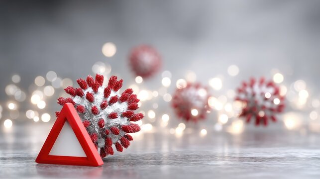 Conceptual representation of health risk with a virus model and warning sign against a blurred background of lights