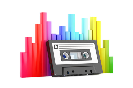 Music And Audio Technology Concept. Retro Cassette Tape Surrounded By Colorful Equalizer Bars On White Background. 3d Rendering
