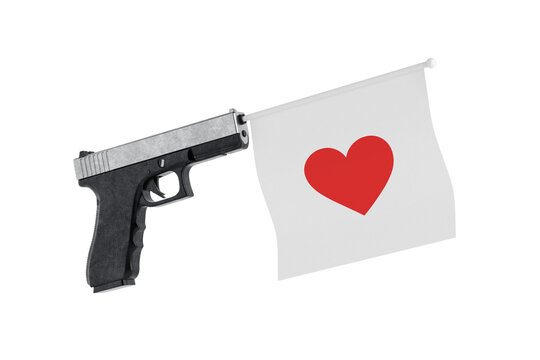 Peace And Disarmament Concept. Black Handgun Holding White Flag With Red Heart Symbol, On White Background. 3d Rendering