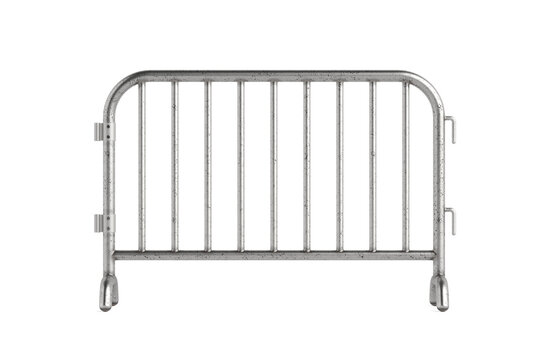 Crowd Control And Public Safety Concept. Weathered Silver Metal Barricade With Vertical Bars, Side Hooks And Stable Feet On White Background. 3d Rendering