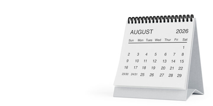 White Desk Monthly August 2026 Business Calendar. 3d Rendering
