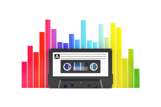 Music And Audio Technology Concept. Retro Cassette Tape Surrounded By Colorful Equalizer Bars On White Background. 3d Rendering