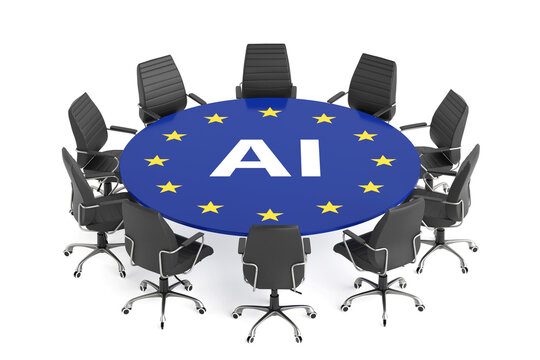 European Artificial Intelligence Governance Concept. Blue EU Conference Table With Yellow Stars And Black Executive Chairs. 3d Rendering