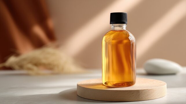 Glass bottle of golden oil on wooden coaster with warm background and soft lighting for wellness and beauty concepts