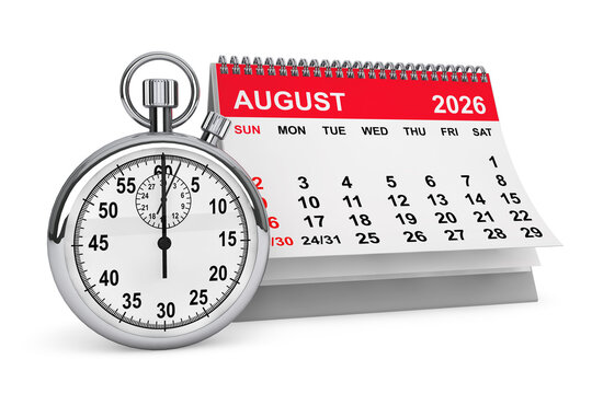 2026 Year August Calendar with Stopwatch. 3d rendering
