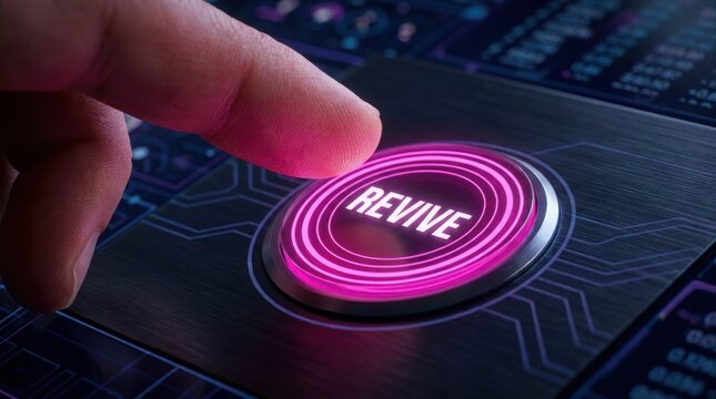Revive Button: A close-up shot of a finger pressing a glowing pink Revive button on a futuristic, digital interface, suggesting revival, renewal, or a comeback.